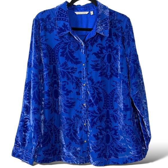Soft Surroundings Floreat Velvet Devore Shirt in Blue Sapphire XL Button Down - Picture 11 of 12